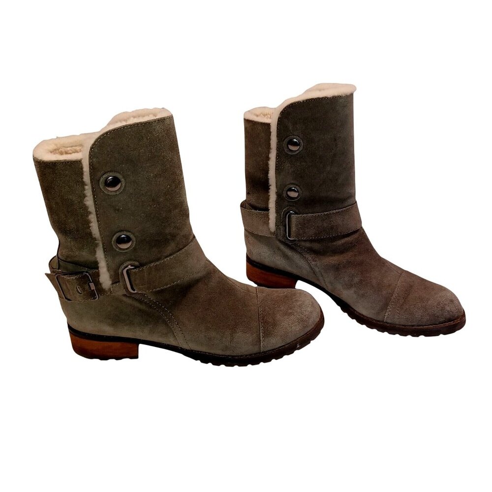 Matt Bernson Grey Suede Shearling Cozy Boots Buckle Straps Snap Closure Women 7